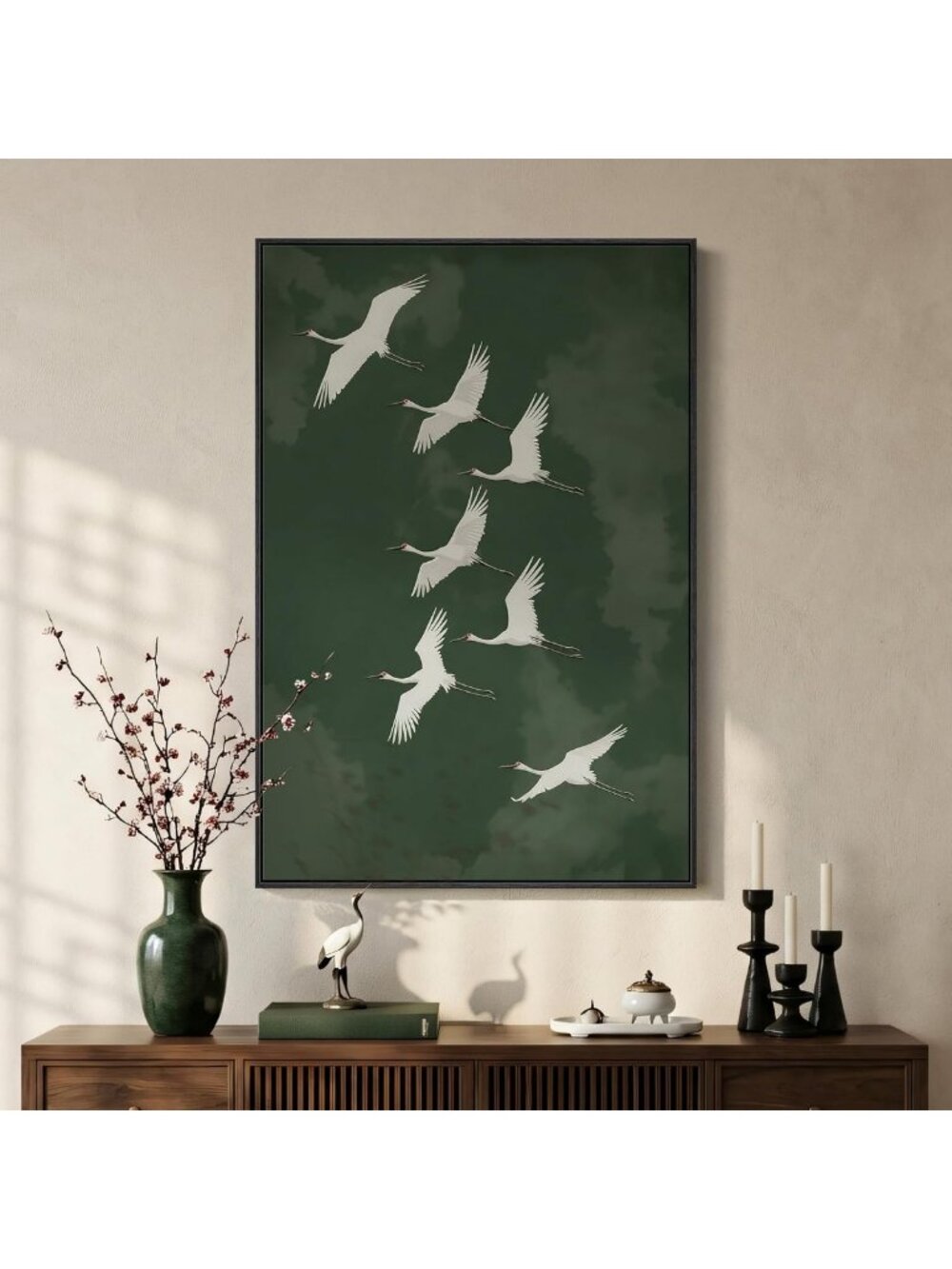 Large Vintage Japanese Green Bird Wall Art, Framed Decor for Living Room, 24x36